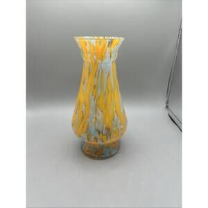 Vintage Murano Glass Yellow W/blue Frost Fleck Optics Vase 8”